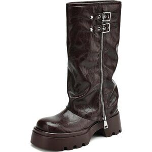 Women's Brown Chunky Slouchy Fold Over Wide Calf Fashion Buckle Knee High Boots
